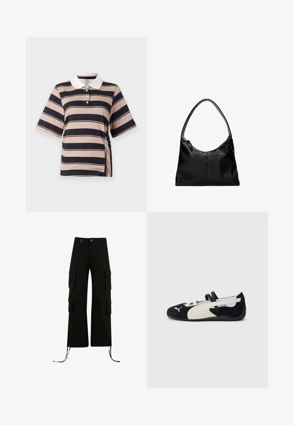 Polo tričko s krátkym rukávom v svetlej béžovej farbe s tmavomodrými prúžkami, s bielym golierom, trojbuttonovým zapínaním a zberaným detailom po stranách.; Čierne cargo nohavice s voľným strihom, obsahujúce cargo vrecká na bokoch, sťahovacie lemy a gombíkovú zaťahovaciu pásku v páse.; Čierna a krémová ultraľahká topánka so zvrškom z semišu, plochou podrážkou, elastickými popruhmi a malým logom na špičke.; Čierna kožená taška cez rameno s hladkou textúrou, zakrivenou hornou časťou a jedným popruhom. Má zipsové uzatváranie a minimalistický dizajn.; Strieborný tón reťazový náhrdelník s oválnymi článkami a karabínkou, položený na bielom pozadí.