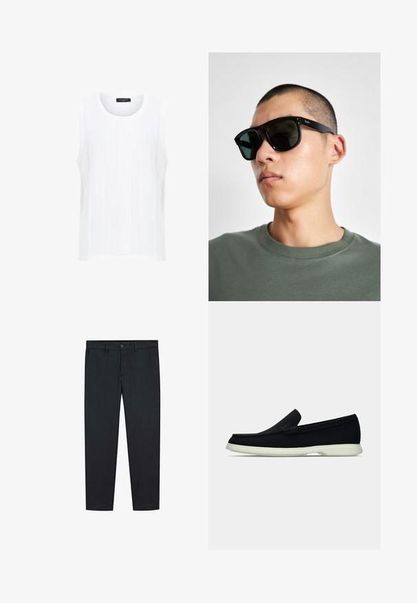 Top bianco senza maniche realizzato in tessuto testurizzato con righe verticali e scollatura rotonda. Design semplice senza decorazioni o motivi.; Pantaloni neri con un design a gamba dritta, realizzati in un tessuto morbido. Presentano due tasche frontali e una chiusura a bottone in vita.; Scarpa nera slip-on con punta arrotondata, caratterizzata da una tomaia texture, una suola bianca liscia e un discreto logo sul lato.; Occhiali da sole rettangolari neri con lenti scure, caratterizzati da una forma distintiva e un marchio sulla parte tempiale. Indossati da una persona con una maglietta verde.
