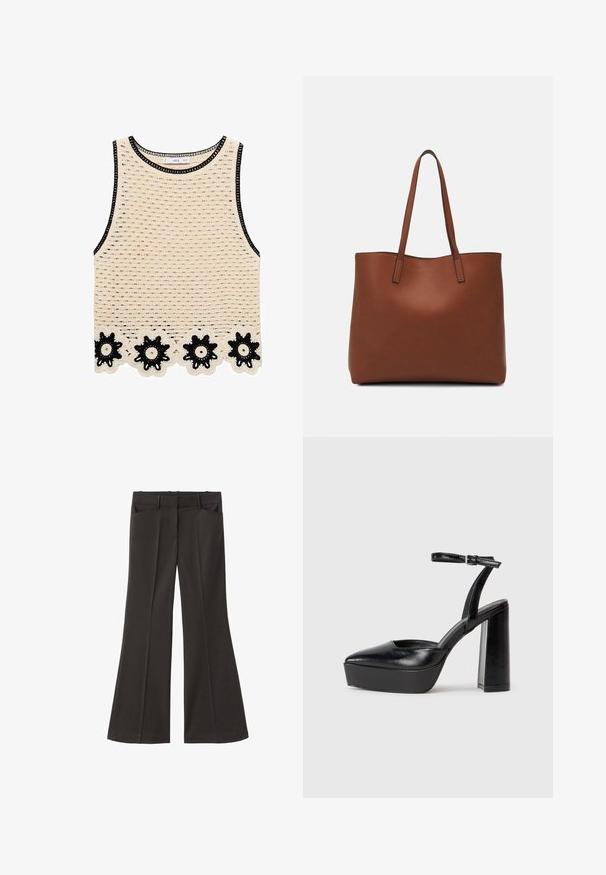 Top de crosetat de culoare bej deschis, cu garnituri negre. Dispune de un tiv din dantelă florala cu accente negre și albe. Textură cu model deschis pe întreaga suprafață.; Pantaloni evazați negri, cu talie înaltă; au două buzunare frontale și o textură de stofă netedă. Potriviți pentru diverse ocazii.; Pantofi cu toc platformă negri, cu vârful ascuțit și curea reglabilă la gleznă. Confecționați din piele netedă, având un toc gros.; Geantă de umăr din piele maro cu o textură netedă, design cu vârf deschis și două curele pentru umăr. Prezintă cusături minime și fără componente metalice vizibile.