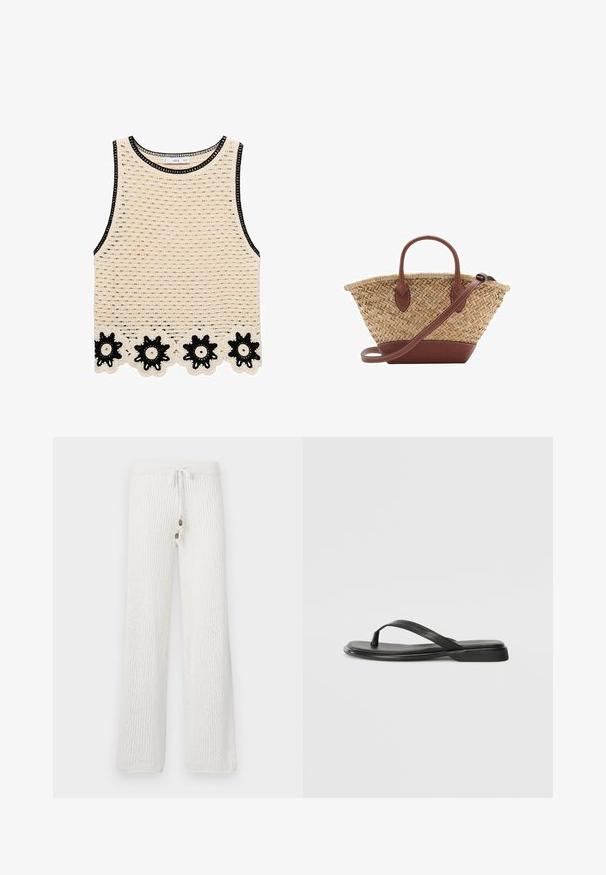 Top in crochet color beige chiaro con bordi neri. Presenta un orlo in pizzo floreale con accenti neri e bianchi. Tessuto a trama aperta in tutto il capo.; Pantaloni lounge bianchi in maglia con un motivo testurizzato, dotati di una vita con cordoncino e due bottoni decorativi sul davanti.; Infradito neri in pelle liscia, con un design a fascia sottile e una suola piatta dal profilo minimale. Nessun motivo o accento particolare.; Borsa a tracolla in paglia intrecciata con dettagli in pelle marrone, due manici e una tracolla removibile. Forma curva con una base solida.