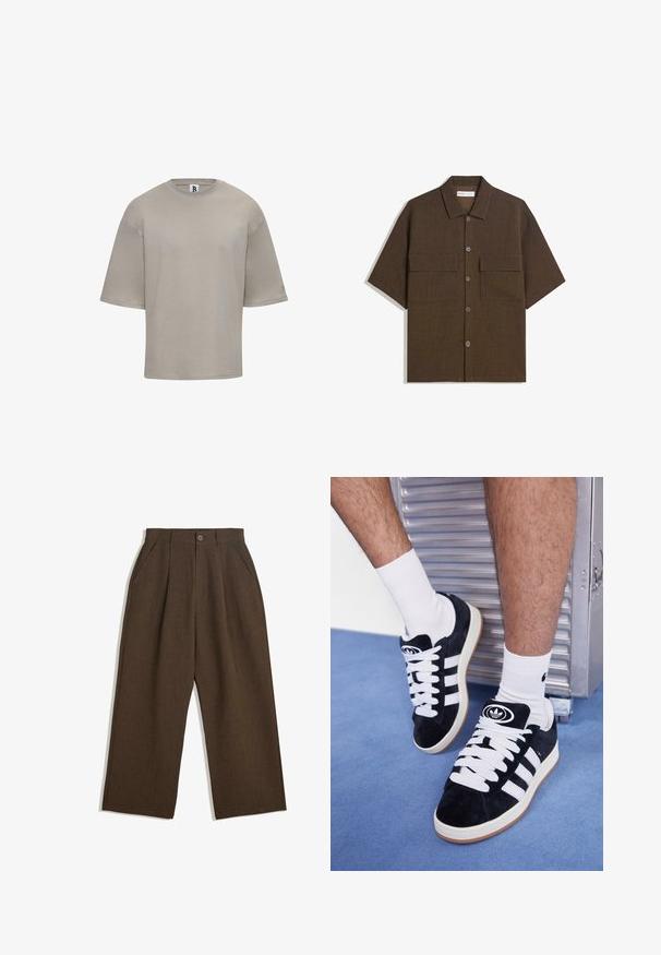 Short-sleeve, crew-neck t-shirt in light beige cotton. Features a relaxed fit, smooth texture, and subtle branding on the sleeve.; Short-sleeve, dark brown shirt made of textured fabric. Features a button-down front and two chest pockets. Casual design with a relaxed fit.; Brown pleated trousers with a wide-leg design, featuring a button closure and side pockets, made of textured fabric suitable for casual wear.; Black suede sneakers with white laces and three white stripes. Features a circular black logo on the tongue and a gum rubber sole.