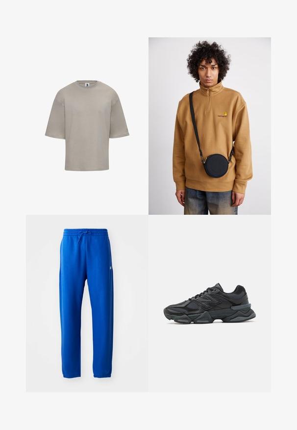 Tričko s krátkým rukávem, kulatým výstřihem vyrobené z lehké béžové bavlny. Má volný střih, hladkou texturu a decentní branding na rukávu.; Modré tepláky vyrobené z měkké látky, s elastickým pasem na šňůrku, zúženými nohavicemi a malým logem na boku.; Černá běžecká bota s kombinací síťoviny a syntetických materiálů, masivní podešev, zakřivený design a výrazné logo na boku.; Hnědý fleecový svetr s krátkým zipem a vyšitým logem, s černou kulatou crossbody taškou se zipem a detailem loga, nošený přes džíny.