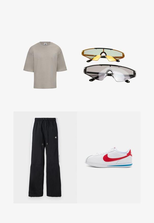 Short-sleeve, crew-neck t-shirt in light beige cotton. Features a relaxed fit, smooth texture, and subtle branding on the sleeve.; Black sports pants with elastic waistband, white side stripes, zippered cuffs, and a rubberized logo detail on the front.; White sneaker with red accents, featuring a smooth leather upper, round toe, and a blue sole. Lace-up design with visible stitching details.; Two pairs of sunglasses: one with orange-tinted lenses and black accents, the other with clear lenses and a similar black frame design.