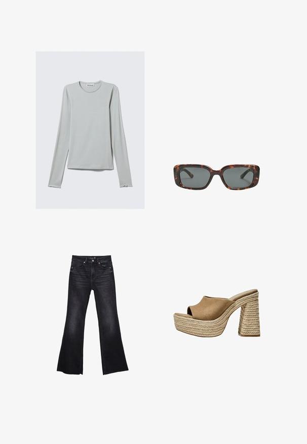 Helles graues Langarm-T-Shirt aus weichem Stoff. Runder Halsausschnitt und gerader Saum mit dezent abgerundeten Bündchen an den Ärmeln.; Schwarze, ausgestellte Jeans aus Denim mit leicht verwaschenem Textur. Verfügt über Fronttaschen, einen Reißverschluss und sichtbare Nähte.; Braune Wildleder-Plateau-Sandalen mit offenem Zeh, ausgestattet mit einem chunky geflochtenen Jute-Absatz und einem glatten, abgerundeten Oberdesign.; Sonnenbrille im Schildpatt-Design mit rechteckigen Gläsern, dicken Rahmen und dunkelgetönten Gläsern. Glatte Textur und minimalistisches Design.