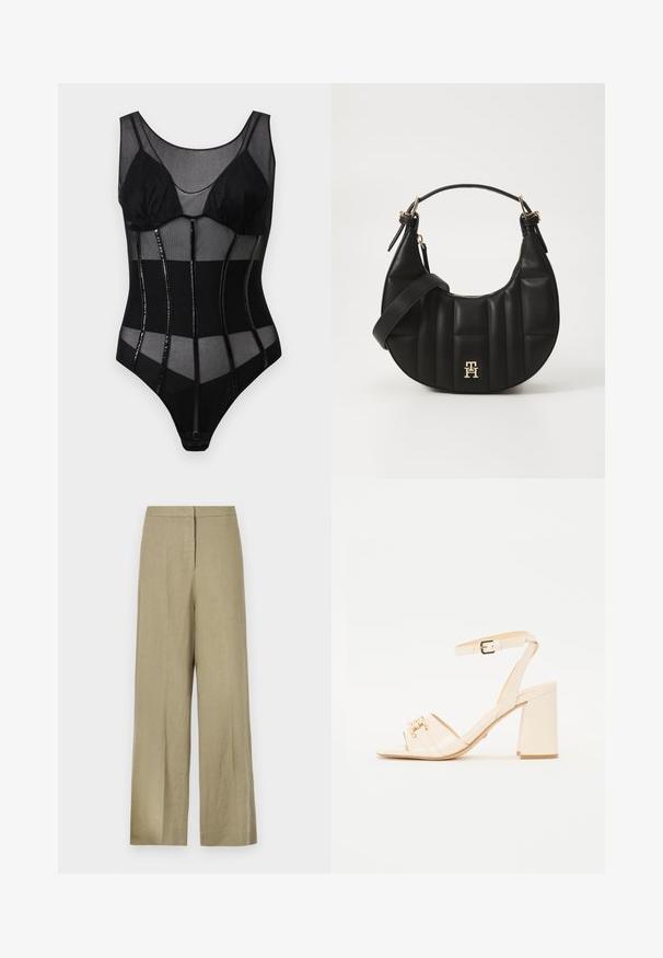 Čierny bodysuit s sieťovaným dizajnom a nepriehľadnými panelmi, nastaviteľnými popruhmi a lesklými vertikálnymi akcentami. Hladká textúra a priliehavý tvar.; Svetlozelené, široké nohavice vyrobené z ľanu. Majú vysoký pás a čistý predný dizajn s jedným prekladaním.; Béžové lakované sandále so štvorcovou špičkou, s dvoma prednými pruhmi, členkovým popruhom s prackou a blokovým opätkom.; Čierna kožená kabelka so zakriveným tvarom, prešitým povrchom a zlatými kovovými doplnkami. Obsahuje odnímateľný ramenný popruh a detail s logom.