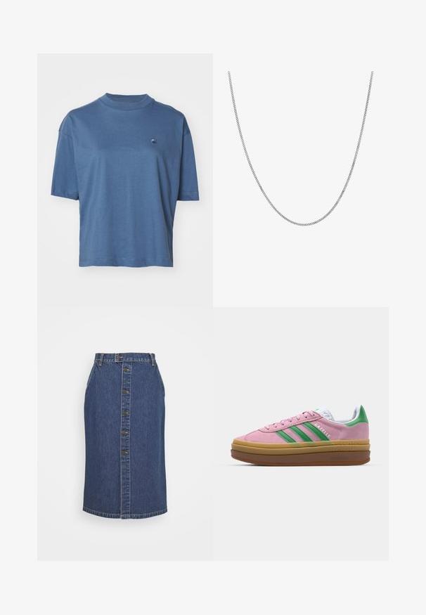 Carhartt WIP CHESTER - Basic póló - positano; Sötétkék farmer ceruzaszoknya, elülső gombzárral, függőleges varrással és klasszikus szegéllyel.; Rózsaszín zamákból készült sportcipő zöld csíkokkal, fehér díszítéssel és barna gumi talppal. Texturált anyaggal és logóval ellátott részletekkel az oldalon.; Ez egy ezüst lánc nyaklánc, sima, kerek, lapos láncszemekkel. Csillogó felülettel rendelkezik és hozzávetőlegesen 20 hüvelyk hosszú.