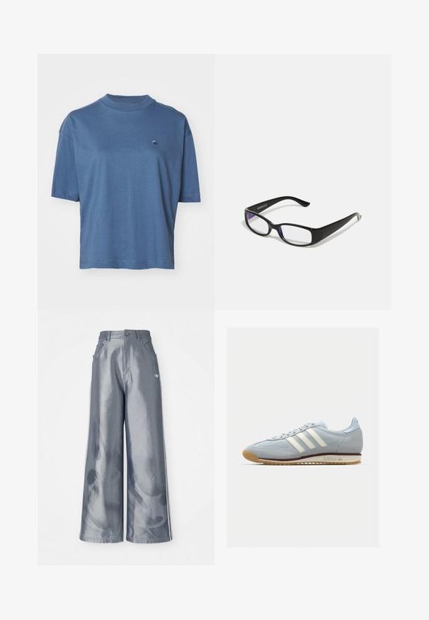 Carhartt WIP CHESTER - T-paita - positano; Housut leveillä lahkeilla kiiltävässä harmaassa materiaalissa, valkoisilla sivuviivoilla ja liekkikuvioilla alaosassa. Napin ja vetskarin suljenta vyötäröllä.; Vaaleansininen mokkanahkakengät, joissa on valkoiset kolme raitaa, kumipohja ja teksturoitu verkko. Ominaisuuksiin kuuluu sileä varvaskuppi ja brändäys kannassa.; Mustat suorakulmaiset vahvuuslasit, joissa on kirkkaat linssit. Kiiltävä pinta, kapeat sanganvarret ja violetit sävyt näkyvät linssien reunoilla.