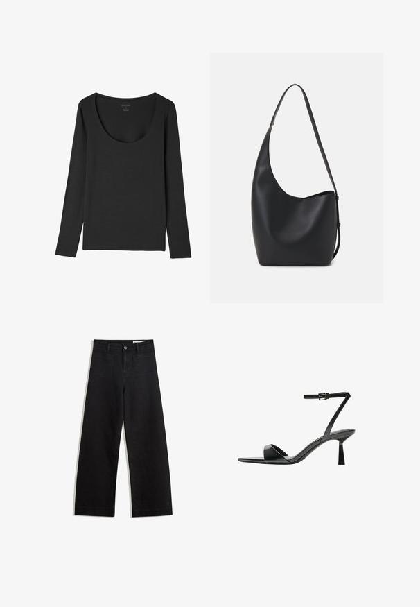 Maglietta nera a maniche lunghe con ampia scollatura a barca, realizzata in un tessuto morbido e elasticizzato, con una vestibilità comoda e design semplice.; Pantaloni in denim neri a gamba larga con vita alta, dotati di tasche anteriori e posteriori, cuciture a punto, e chiusura con bottone. Texture liscia.; Bershka Sandali con tacco - black; Borsa hobo nera in pelle con una superficie liscia, forma curvata e una singola tracolla regolabile; presenta un'ampia apertura nella parte superiore.