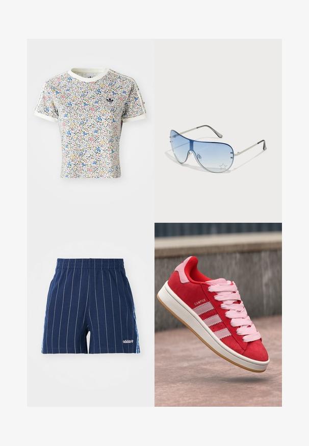 T-shirt de manga curta feito de algodão com um padrão floral em vermelho, azul e amarelo sobre um fundo branco; gola rebaixada e acentos nas bordas.; Calções azul marinho com riscas brancas, cintura elástica e logótipo Adidas. Possui pormenores azuis nas laterais, feitos em material de mistura de algodão.; Sapatilha vermelha em camurça com detalhes em rosa, apresentando três riscas brancas e atacadores rosa claro. Meio solado branco e sola em borracha tipo goma.; Óculos de sol aviador com lentes azuis em degradê, armação metálica prateada e detalhes decorativos de estrelas nas lentes. Design suave e elegante.