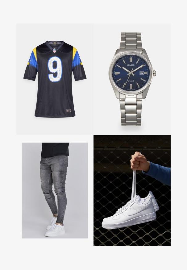 Camiseta negra de la NFL con mangas cortas, acentos azul y amarillo, con un gran número 9 blanco en el frente y logotipos del equipo en el cuello.; Jeans ajustados en denim gris desgastado, con detalles desgastados en las rodillas, combinados con zapatillas blancas. Textura suave, diseño de corte slim.; Zapatillas de cuero blanco con perforaciones, punta redonda, suela plana y cordones gruesos, con un logo de swoosh visible y "AIR" en el talón.; Reloj de pulsera de acero inoxidable plateado con una esfera azul marina, marcadores horarios metálicos y una ventana de fecha a las 3 en punto. Resistente al agua hasta 50 metros.