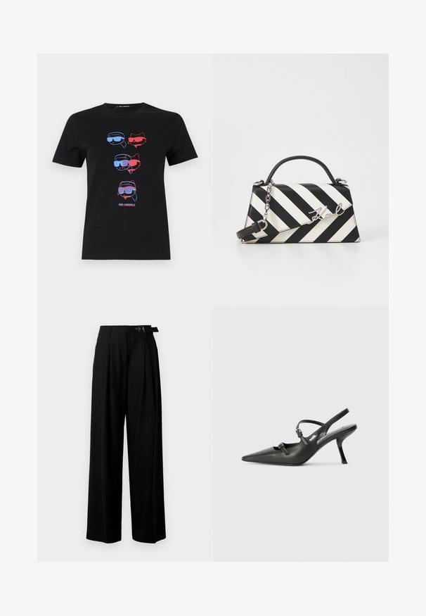 Maglietta nera in cotone con una stampa grafica di quattro volti e un gatto, nei colori blu e rosso, centrata sul davanti. Collo rotondo e maniche corte.; Pantaloni neri a gamba larga con vita alta, pieghe nella parte anteriore e una cintura con fibbia. Realizzati in tessuto liscio e leggero.; Scarpe slingback nere in pelle con punta affilata, tacco sottile e dettaglio decorativo a fibbia sulla tomaia. Texture liscia e design elegante.; Borsa a righe bianche e nere con una forma strutturata, dotata di manico superiore, tracolla a catena staccabile e dettaglio logo metallico.