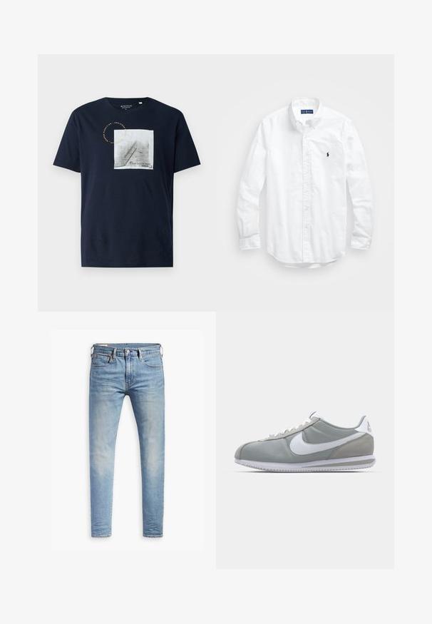 Navy cotton T-shirt featuring a square graphic of stairs with a railing and circular text detail, round neckline, and short sleeves.; White long-sleeve button-up shirt in cotton. Features a classic collar, button cuffs, and a small navy embroidered logo on the chest.; Light blue slim-fit jeans with slight fading on thighs, front button closure, belt loops, and five-pocket styling on a white background.; Gray athletic shoe with a suede and textile upper, white Nike swoosh, and white laces. Features a textured rubber sole and padded collar.