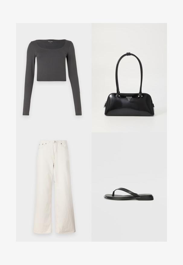 Pitkähihainen, lyhyt toppi tummanharmaana, valmistettu pehmeästä kankaasta. Siinä on leveä kaula-aukko ja istuva muotoilu, ilman näkyviä kuvioita tai koristeita.; Valkoiset leveälahkeiset farkkuhousut, joissa on naru vyötäröllä, etutaskut ja huomaamattomat ompeluyksityiskohdat. Valmistettu kestävästä puuvillamateriaalista.; Mustat varvastossut, joissa on sileä nahkapinta, ohut hihna ja litteä pohja, jossa on minimalistinen muotoilu. Ei huomattavia kuvioita tai koristeita.; Musta kiiltävä käsilaukku, jossa on kaareva siluetti, kaksi kahvaa ja etupuolella logo-plakaatti. Vetoketjusulku ja kiiltävät metalliosat.