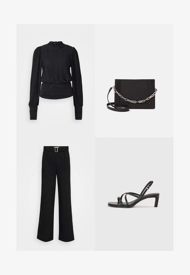 Črna nabrana bluzka z visokim ovratnikom, dolgimi rokavi in zbranim pasom. Gladka tekstura z rahlim leskom in oprijetimi manšinami.; Črne široke hlače iz lahkega materiala, ki se ponašajo z gladko teksturo, sprednjimi gubami in pasom s kvadratno kovinsko zaponko.; Črne natikače s trakovi in kvadratnim prstom ter nizkim blokastim peto. Imajo več tankih trakov in nastavljiv trak okoli gležnja. Narejene so iz gladkega usnja.; Črna usnjena torba čez ramo z gladko teksturo, pravokotno obliko in kovinskim verižnim detajlom spredaj. Vključena je nastavljiva naramnica.