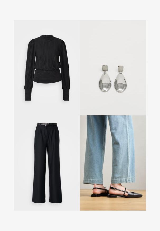 Black pleated blouse with a high neckline, long sleeves, and gathered waist. Smooth texture with subtle sheen and fitted cuffs.; Black wide-leg trousers made from smooth fabric, featuring front pleats and a matching black belt with a silver buckle.; Black leather slingback shoes with a pointed toe, flat heel, and ankle strap; worn with light blue wide-leg jeans.; Silver drop earrings with a square stud, featuring a smooth, polished finish and a teardrop shape, reflecting light with a glossy surface.