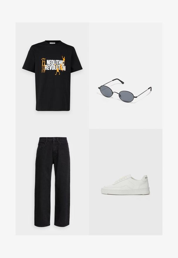 Black cotton t-shirt featuring a graphic print with the text "NEOLITHIC REVOLUTION" in white and orange, depicting stylized figures.; Black denim wide-leg pants with a high waist, featuring five pockets and a button closure. Fabric has a smooth texture and slight stretch.; White leather sneaker with a smooth finish, round toe, flat laces, and a textured sole. Features a subtle logo on the heel.; Black oval sunglasses with dark lenses and thin metal frames. Features slender arms with a subtle curve at the ends.