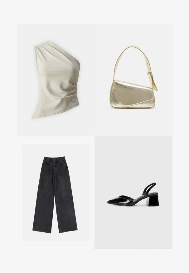 Gina Tricot ONE SHOULDER DRAPY - Top - beige; Black wide-leg denim jeans featuring a high waist, classic five-pocket design, and subtle fading. Durable fabric with a smooth texture.; Black patent leather slingback heels with a pointed toe and a geometric block heel. Features a sleek, minimal design and smooth texture.; Gold metallic handbag with a structured design, smooth texture, and adjustable strap. Features a unique triangular shape and minimalist stitching.