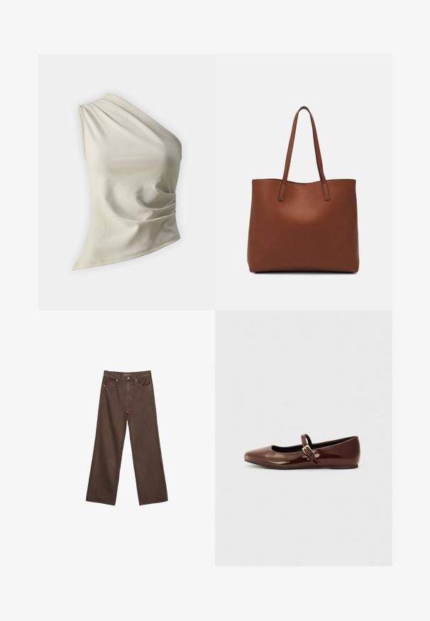 Gina Tricot ONE SHOULDER DRAPY - Top - beige; Proširene smeđe traperice od denima, s visokim strukom, prednjim džepovima i klasičnom kopčom na dugme. Glatka tekstura s suptilnim šavovima.; Smeđe lakirane balerinke s kvadratnim vrhom i trakicom koja sadrži mali zlatni kopču. Glatka tekstura, niska potpetica i minimalistički dizajn.; Smeđa kožna torba preko ramena s glatkom teksturom, otvorenim vrhom i dvjema naramenicama. Ima minimalne šavove i nema vidljivog hardvera.