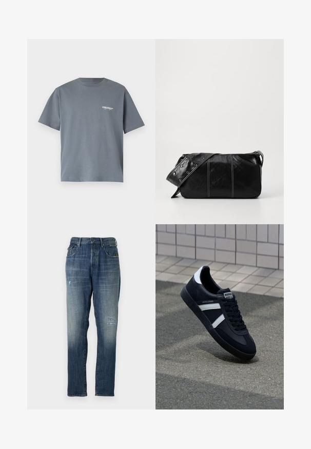 Halljas hall puuvillane t-särk lühikeste varrukatega, millel on vasakul rinnal väike valge "ORIGINALS" logo. Lihtne ümar kaelus.; Denim teksad, millel on pleekinud sinine värv, sirge jalgade disain, mõõdukas kulumine ees ja klassikaline viie-tasku stiil.; Must have musta sneaker musta valgete triipudega, tekstuurne kummitald ja nööridega esiosa. Omab bränditud märki keele peal.; Must mustra nahkainine õlakott, millel on tõmblukk, tekstureeritud pind, valged õmblused ja rihm hõbedaste rõngastega.