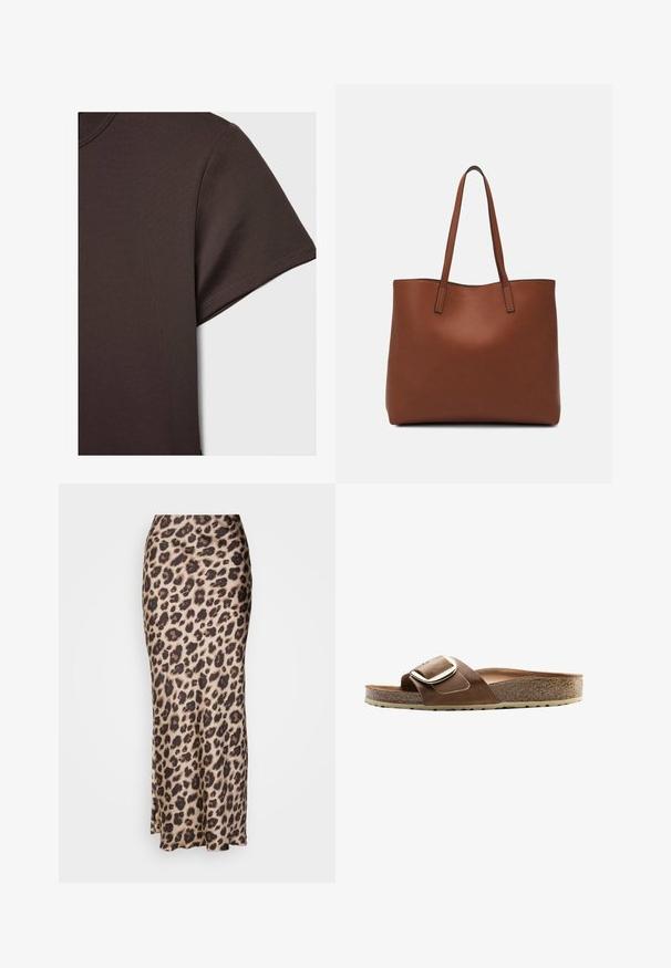 Ciemnobrązowa koszulka z krótkim rękawem, wykonana z gładkiego, elastycznego materiału, z klasycznym okrągłym dekoltem i schludnymi szwami.; Spódnica midi w cętki z gładkiego satynowego materiału. Posiada dopasowany krój z delikatnym rozcięciem na dole, co umożliwia swobodne poruszanie się. W neutralnych odcieniach beżu i brązu.; Brązowe skórzane klapki z szerokim paskiem, metalowym zapięciem oraz konturowaną korkową wkładką na teksturowanej gumowej podeszwie.; Brązowa skórzana torba tote o gładkiej fakturze, z otwartym wierzchem i dwoma ramiączkami. Charakteryzuje się minimalnym przeszyciem i brakiem widocznych elementów metalowych.