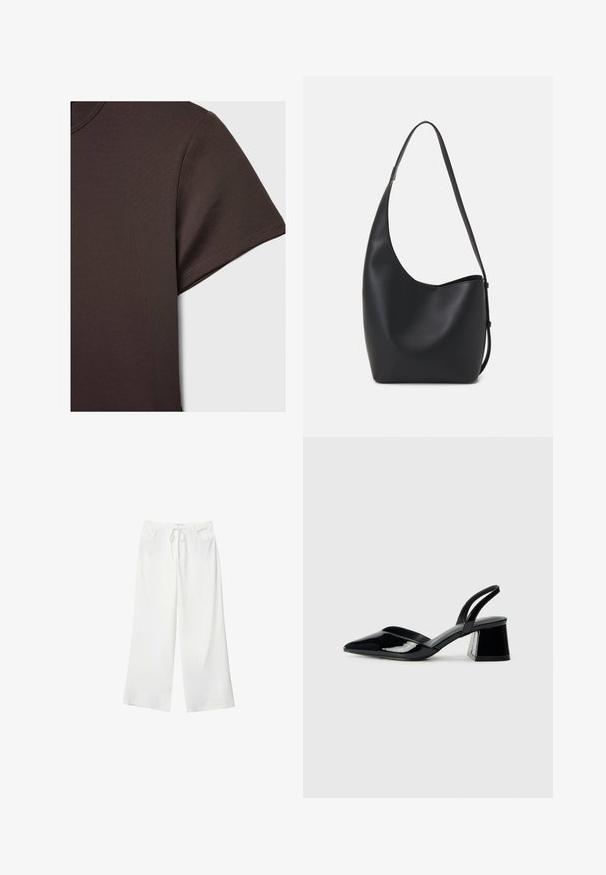 Tmavě hnědé tričko s krátkým rukávem vyrobené z hladkého, pružného materiálu, se klasickým kulatým výstřihem a čistými švy.; Bílé široké kalhoty vyrobené z měkké látky, které mají pružný pas a dvě přední kapsy. Hladký povrch a žádné viditelné vzory.; Černé lakované kožené lodičky na pásku s špičatou špičkou a geometrickým blokovým podpatkem. Vyznačují se elegantním, minimalistickým designem a hladkým povrchem.; Černá kožená hobo taška s hladkým povrchem, zakřiveným tvarem a jedním nastavitelným popruhem; má široké otevírání nahoře.