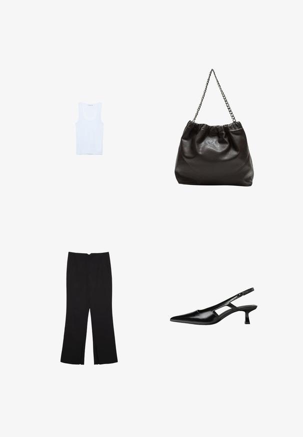 Weißes Baumwoll-Top ohne Ärmel, mit rundem Ausschnitt und breiten Trägern. Glatte Textur, ärmelloses Design und taillierte Silhouette.; Schwarze Hose mit geradem Schnitt, ausgestattet mit Fronttaschen und Seitenschlitzen am Saum. Hergestellt aus weichem, glattem Stoff. Geeignet für verschiedene Anlässe.; Schwarze Lackleder-Slingback-High Heels mit spitzer Zehenform, ausgeschnittenem Seitendesign und kleinem Blockabsatz. Glatte Textur mit minimalen Akzenten.; Braune Lederhandtasche mit gerafftem Oberteil und Kettenriemen. Glatte Textur mit glänzendem Finish und subtilen Nahtdetails an den Seiten.