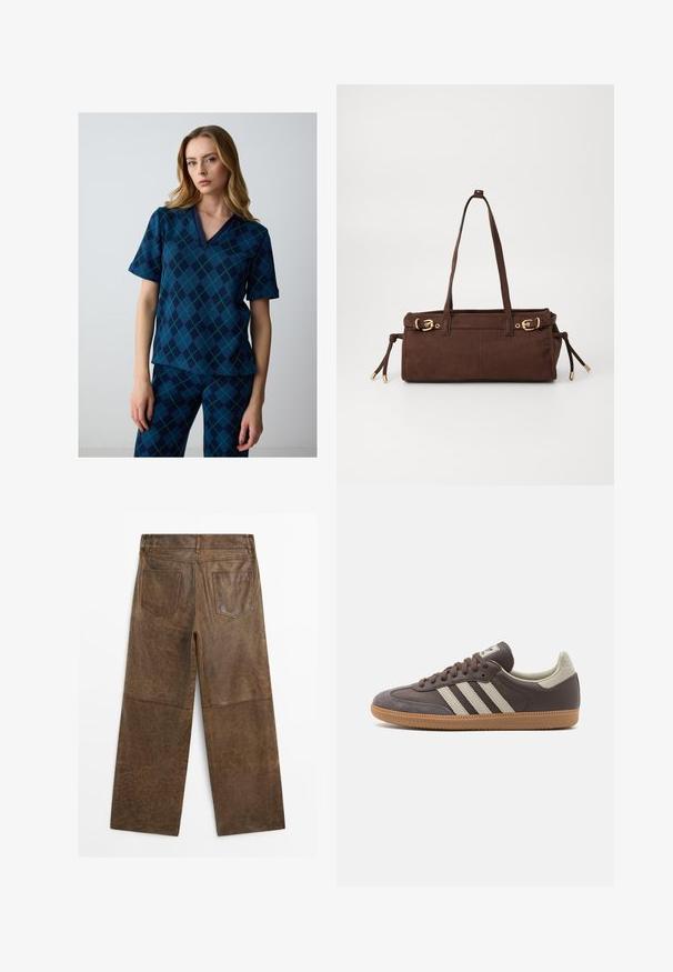 Kurzärmliges Oberteil in Marineblau mit einem grünen Rauten-Muster, mit einem V-Ausschnitt und einem strukturierten Stoff. Kombiniert mit passenden gemusterten Hosen.; Braune Leder-Hosen mit weitem Bein, zwei Gesäßtaschen und sichtbaren Nähten, von hinten auf einem weißen Hintergrund gezeigt.; Braune Leder-Sneaker mit drei hellen Streifen, Gummisohle, abgerundetem Zehenbereich und strukturierten Wildlederelementen an Ferse und Zehen.; Braune Wildleder-Shoppertasche mit zwei Schulterriemen, goldenen Hardware-Akzenten und verstellbaren Seitenbändern. Verfügt über einen Reißverschluss und eine glatte Textur.