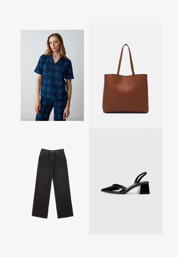 Koszulka z krótkim rękawem w granatowym kolorze z zielonym wzorem w diamenty, z dekoltem w kształcie litery V i teksturowanym materiałem. Połączona z odpowiadającymi spodniami w ten sam wzór.; Czarne dżinsy o szerokich nogawkach, wykonane z denimu, w małe kropeczki, klasyczny pięć kieszeniowy fason oraz zapięcie na guzik i suwak.; Czarne lakierowane półbuty na obcasie z wydłużonym noskiem i geometrycznym słupkiem. Charakteryzują się eleganckim, minimalistycznym designem oraz gładką fakturą.; Brązowa skórzana torba tote o gładkiej fakturze, z otwartym wierzchem i dwoma ramiączkami. Charakteryzuje się minimalnym przeszyciem i brakiem widocznych elementów metalowych.