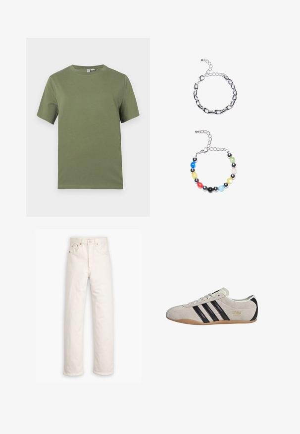 Tricou din bumbac de culoare verde măslin, cu mâneci scurte, gât rotund și textură netedă. Design simplu, fără modele vizibile sau detalii metalice.; Jeanși din denim alb cu un design cu picior drept, stil cu cinci buzunare și accente de metal cupru. Terminare brută la glezne.; Tenisi din suede cu un toc gri, dungi negre și o talpă din cauciuc de tip gumă. Prezintă un sistem de închidere cu șireturi și un detaliu cu logo auriu pe lateral.; Brățară din lanț argintiu, cu linkuri elongate deasupra. Sub aceasta, o brățară colorată din mărgele cu mărgele negre, albastre, verzi, galbene, roșii și transparente.