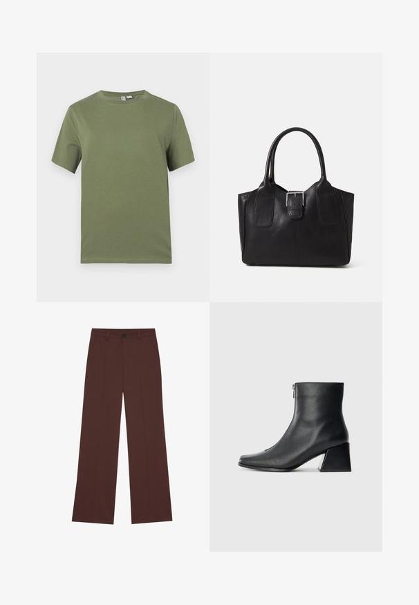 Olajzöld pamut póló rövid ujjakkal, kerek nyakkal és sima textúrával. Egyszerű dizájn, látható minták vagy fém részletek nélkül.; Bő szárú nadrág gazdag barna szövetből. Gombos záródás, két elülső zseb, sima textúra és tiszta vonalak jellemzik.; Fekete bőr bokacsizma négyzetes orral, oldalsó cipzárral és tömbsarkal, egyszínű világos háttér előtt.; Fekete bőr bevásárlótáska sima textúrával, strukturált formával, két fogantyúval és egy figyelemfelkeltő ezüst csattal az elején.