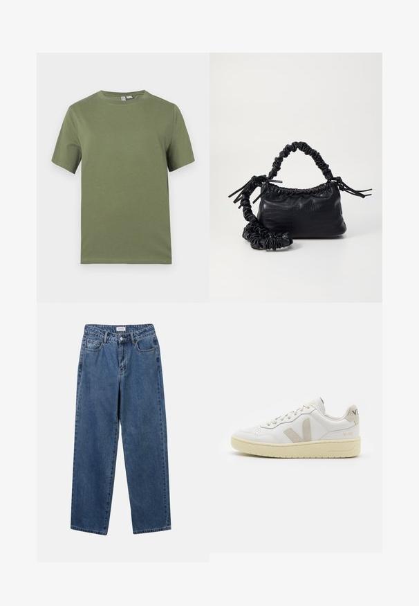 Olivno zeleni bombažni majica s kratkimi rokavi, okroglim izrezom in gladko teksturo. Preprosta zasnova, brez vidnih vzorcev ali dodatkov.; Klasične modre jeans hlače s ravnim krojem, petimi žepi in gumbom za zapiranje. Imajo srednje pranje in trdno teksturo.; Bela usnjena tenisača z bež semiš poudarki, perforiranim prednjim delom, ravnimi vezalkami in strukturiranim kremnim podplatom. Ima diskretno blagovno znamko na peti.; Črna torbica iz umetnega usnja s krokodilovo teksturo, z zvitim vrhom in zmečkano naramico. Zdi se mehka in kompaktna v oblikovanju.