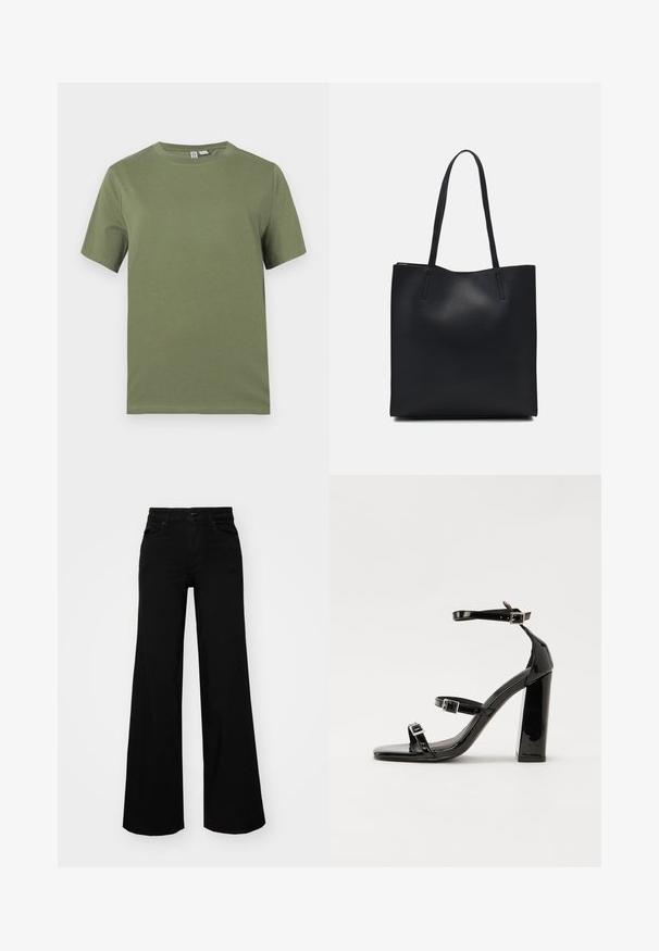 Olive green cotton t-shirt with short sleeves, crew neck, and smooth texture. Simple design, no visible patterns or hardware details.; Black wide-leg pants made of denim, featuring a structured waistband, belt loops, and front pockets. Smooth texture with a classic design.; Black patent heeled sandals with a square toe, ankle straps, and silver buckles. Features a chunky block heel for stability.; Black leather tote bag with smooth texture, rectangular shape, and two long handles. No visible hardware or embellishments.