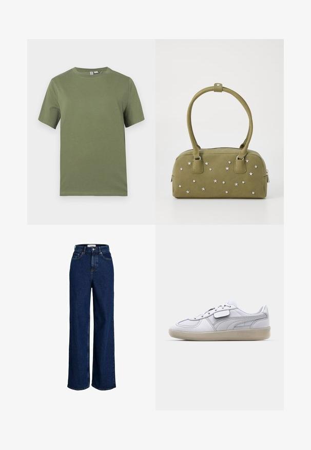 Olivengrøn bomulds T-shirt med korte ærmer, rund hals og glat tekstur. Enkel design, ingen synlige mønstre eller hardwaredetaljer.; Højtaljede, mørkeblå denimjeans med bred ben, frontknap og fem-lomme design.; Hvide lædersneakers med grå detaljer, snørebåndslukning og en struktureret gummisål. Har et fremtrædende logo på siden.; Oliven grøn faux suede håndtaske med sølvstjerne og nitter som udsmykning. Har to korte håndtag og en lynlåslukning øverst.