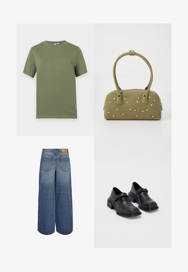 Olive green cotton t-shirt with short sleeves, crew neck, and smooth texture. Simple design, no visible patterns or hardware details.; Wide-leg denim culottes in medium blue wash with a faded texture, featuring two back pockets and a brown leather brand tag on the waistband.; Black leather shoes with a rounded toe, flat sole, and a strap with a buckle detail. Chunky block heel for added stability.; Olive green faux suede handbag with silver star and stud embellishments. Features two short handles and a zip closure at the top.