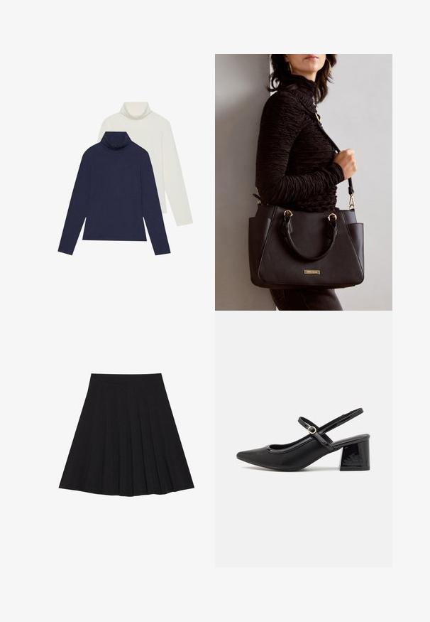 Două pulovere cu guler înalt: unul bleu închis și unul alb-bej. Ambele sunt realizate dintr-un material neted și elastic, cu mâneci lungi și o croială lejeră.; Fustă plisată neagră dintr-un material texturat, cu un elastic ajustat. Se termină la nivelul genunchiului, având o siluetă netedă și curată.; Cizme cu toc slingback din piele sintetică lacuită neagră, cu vârful ascuțit, un design cu decupaj rotunjit și toc bloc. Include un accent cu cataramă de culoare aurie.; Geantă de umăr neagră cu suprafață texturată, cu două mânere superioare și curea de umăr ajustabilă. Dispune de accesorii metalice de culoare aurie și buzunare laterale.