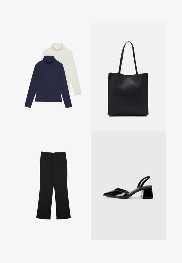 Dva visokog ovratnika: jedan tamnoplavi i jedan krem boje. Obojica su napravljena od glatke, rastezljive tkanine s dugim rukavima i ležernim krojem.; Crne hlače ravnog kroja, s prednjim džepovima i bočnim prorezima na rubu. Izrađene od mekog i glatkog materijala. Pogodne za razne prigode.; Crne lakirane kožne sandale s otvorenom petom i špicastim vrhom, s geometrijskom blok petom. Imaju elegantan, minimalistički dizajn i glatku teksturu.; Crna kožna torba za nošenje s glatkom teksturom, pravokutnim oblikom i dvije duge ručke. Nema vidljivih metalnih dijelova ili ukrasa.
