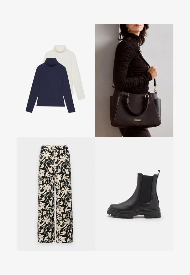 To turtlenecks: en marineblå og en off-white. Begge er laget av et glatt, elastisk stoff med lange ermer og en avslappet passform.; Sorte vide bukser med et cremet blomster mønster. Fremstillet af letvægtsstof, med en glat tekstur og en høj talje.; Sorte lær ankelstøvler med elastiske sidepaneler, rund tå og teksturert gummisåle. Har en løkke bak for enkel påkledning.; Svart håndveske med teksturert overflate, doble topphåndtak og justerbar skulderrem. Har detaljer i gulltone og sidelommer.