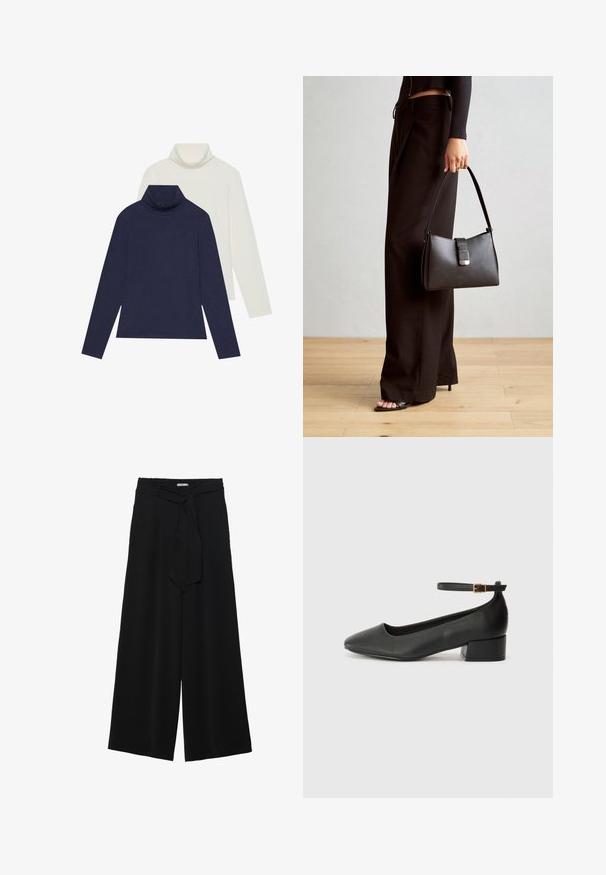 Duas camisolas de gola alta: uma azul-marinho e uma off-white. Ambas são feitas de um tecido suave e elástico, com mangas longas e um corte descontraído.; Calças largas pretas com um tecido texturizado, uma cintura elástica e um laço destacável na cintura para um ajuste ajustável.; Sandal de pele preta com bico pontiagudo e um salto bloco baixo. Apresenta uma tira no tornozelo com uma fivela em tom dourado. Textura suave.; Bolsa preta com forma estruturada, textura suave e um fecho metálico. Combinada com calças largas pretas e sandálias de salto aberto sobre um chão de madeira.