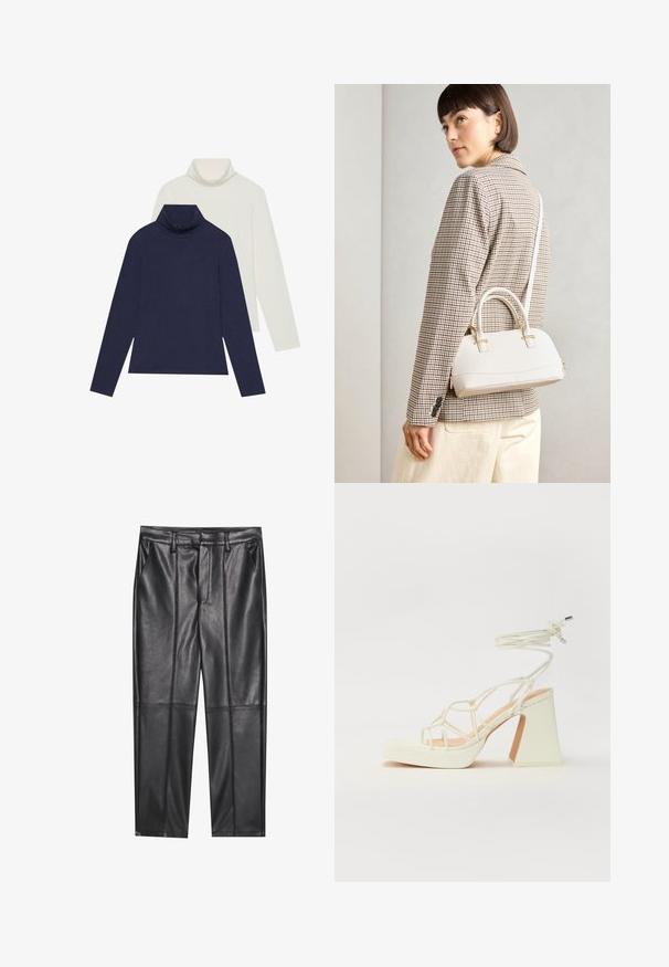 Két garbó: az egyik sötétkék, a másik törtfehér. Mindkettő sima, elasztikus anyagból készült, hosszú ujjú és laza fazonú.; Fekete bőrnadrág sima textúrával, egyenes szabással, két elülső zsebbel és látható varrás részletekkel.; Fehér, magassarkú szandál vastag sarokkal, pántos dizájnnal és bokapánttal. Sima textúra, elülső platformmal a megnövelt magasság érdekében.; Fehér, strukturált kézitáska rövid füllel és vállpánttal, arany színű fém kiegészítőkkel és texturált anyagból, szürke háttér előtt bemutatva.