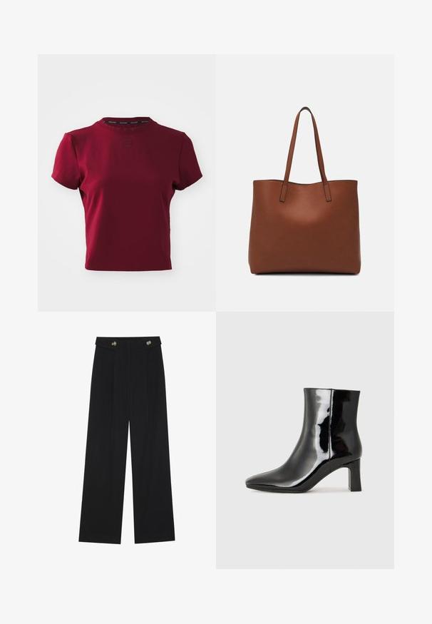 Nike Performance ADVANTAGE - Sportovní tričko - team red; Černé široké kalhoty s vysokým pasem, detailní knoflíky na pase a přední záhyby.; Černé lakované kotníkové boty s špičatou špičkou a středně vysokým blokovým podpatkem. Hladká textura a minimalistický design.; Hnědá kožená taška přes rameno s hladkou texturou, otevřeným designem a dvěma ramenními popruhy. Obsahuje minimální švy a žádné viditelné kovové prvky.