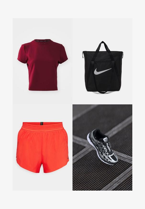Nike Performance ADVANTAGE - Sportfelső - team red; Piros sportnadrág könnyű anyagból, rugalmas derékkal, oldal zsebekkel és egy kis fekete logóval az alján.; Nike futócipő, fekete és ezüst színvilággal, hálós felső résszel, texturált talppal és biztos illeszkedést biztosító fűzőrendszerrel.; Fekete nejlon bevásárlótáska két erős fogantyúval és cipzárral. Jellemzője egy kiemelkedő fehér Nike pipa logó vízszintes csíkozott kialakításban.