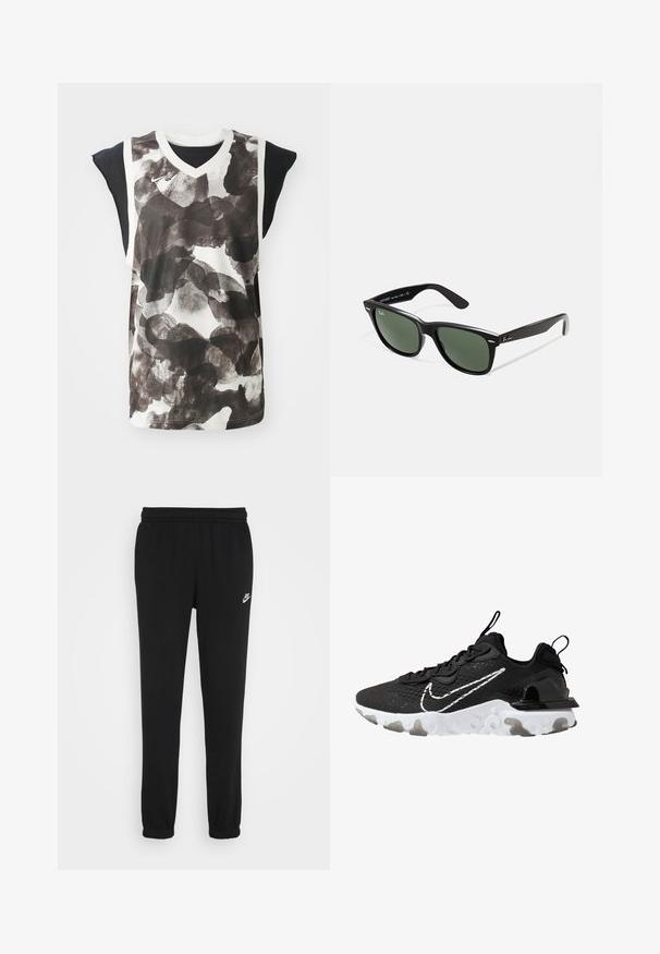 Bezrokavni atletski top z abstractnim vzorcem v črni in beli barvi. Izdelan iz mrežaste tkanine, ima V-izrez in črne ramenske dodatke.; Črne trenirkaste hlače z elastičnim pasom, manšetami na gležnjih in majhnim belim Nike logotipom na levi strani. Narejene iz mehke strukture tkanine.; Črne atletske čevlje z teksturiranim zgornjim delom iz blaga, belim Nike žigom in debelim belim podplatom. Imajo tudi zanko na peti za lažje obuvanje.; Črne plastične sončna očala z zelenimi lečami, kvadratni okvirji, srebrni detajl na obrvi in teksturirani ročaji. Blagovna znamka navedena na notranji strani ročaja.