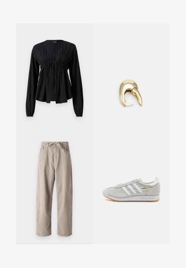 Svart langermet texturert bluse med V-hals, samlet midje, bånddetalj og utsvingt hem. Myk stoff med et subtilt mønster.; Beige kordfløyelsbukser med løs passform, med strikk i livet, to frontlommer og vertikal ribbet tekstur.; Lys grå sneaker laget av semsket skinn og mesh, med tre hvite striper, rund tå og såle av gummi. Gull logo-aksent nær snørebåndene.; Gullfarget metalløredobber med et elegant, buet design. Har en karakteristisk spiss form, polert overflate og hengsel-lukking.