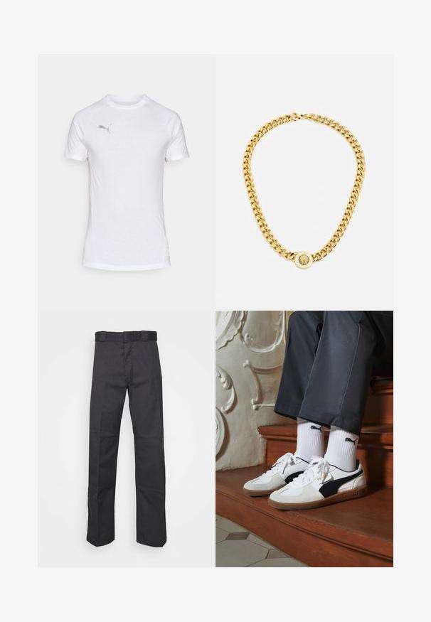 Witte sportshirt met korte mouwen en een ronde hals, gemaakt van een textuurstof en met een subtiele grijze logo op de bovenste linkerborst.; Zwarte broek van duurzaam materiaal, met een rechte pijpdesign, een tailleband met riemlussen en naden voor extra textuur.; Puma sneakers in wit en zwart suède, met een bruine rubberen zool. Gecombineerd met witte sokken met een zwart logo, gedragen met donkere broek.; Gouden ketting met grote onderling verbonden schakels, met een ronde hanger in het midden met een verhoogd embleem.