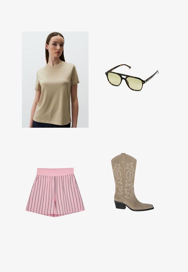 Beżowy t-shirt z krótkim rękawem wykonany z gładkiego materiału, o okrągłym dekolcie i luźnym kroju. Prosty design bez wzorów czy zdobień.; Koszula z krótkim rękawem z kołnierzykiem, różowa w granatowe pionowe paski, z zapinaniem na guziki, wykonana z gładkiego materiału, o luźnym kroju, z subtelną metką marki z tyłu.; Jasnoróżowe szorty z pionowymi granatowymi paskami, elastycznym pasem w talii i kieszeniami bocznymi. Wykonane z miękkiego materiału o luźnym kroju.; PULL&BEAR - Kowbojki i obuwie motocyklowe; Słoneczne okulary w kratkę w kształcie prostokąta, z soczewkami w zielonym odcieniu i wzorzystymi ramkami z acetatu. Posiadają metalowe akcenty w pobliżu soczewek.