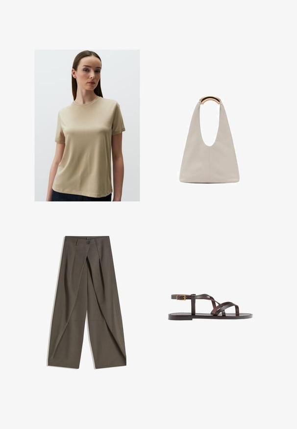 Beżowy t-shirt z krótkim rękawem wykonany z gładkiego materiału, o okrągłym dekolcie i luźnym kroju. Prosty design bez wzorów czy zdobień.; Spodnie o szerokich nogawkach wykonane z teksturowanej, ciemnoszarej tkaniny. Posiadają fałdy z przodu, zapięcie na guzik oraz boczne kieszenie dla wygody.; Brązowe skórzane sandały z krzyżującymi się paskami, zapięciem na klamrę przy kostce oraz płaską podeszwą z minimalnymi detalami szycia.; Jasnoszara skórzana torba o kształcie litery U z zakrzywionym metalowym uchwytem. Gładka tekstura z minimalnymi szwami i bez widocznych wzorów.