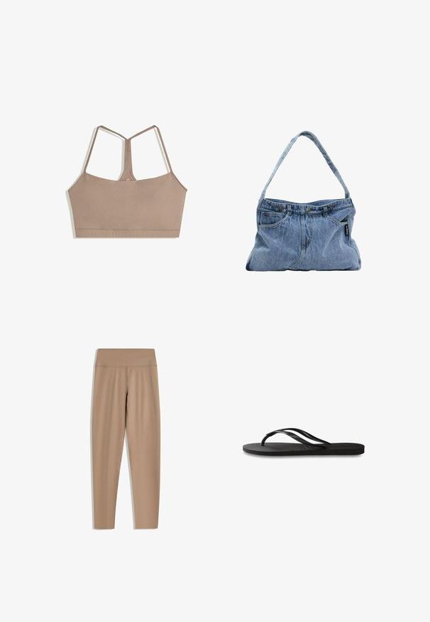 Bra in a muted brown color with a smooth texture, featuring adjustable spaghetti straps and a square neckline design, no closures visible.; Tan leggings with a high waistband, made from smooth, stretchy fabric. Features a streamlined fit and no visible hardware or patterns.; Black flip-flop featuring a textured rubber sole, two slender straps, and a subtle, embossed logo detail on the strap.; Denim shoulder bag with a curved strap, two front pockets, and a buttoned top, featuring light blue fabric and contrasting stitching details.