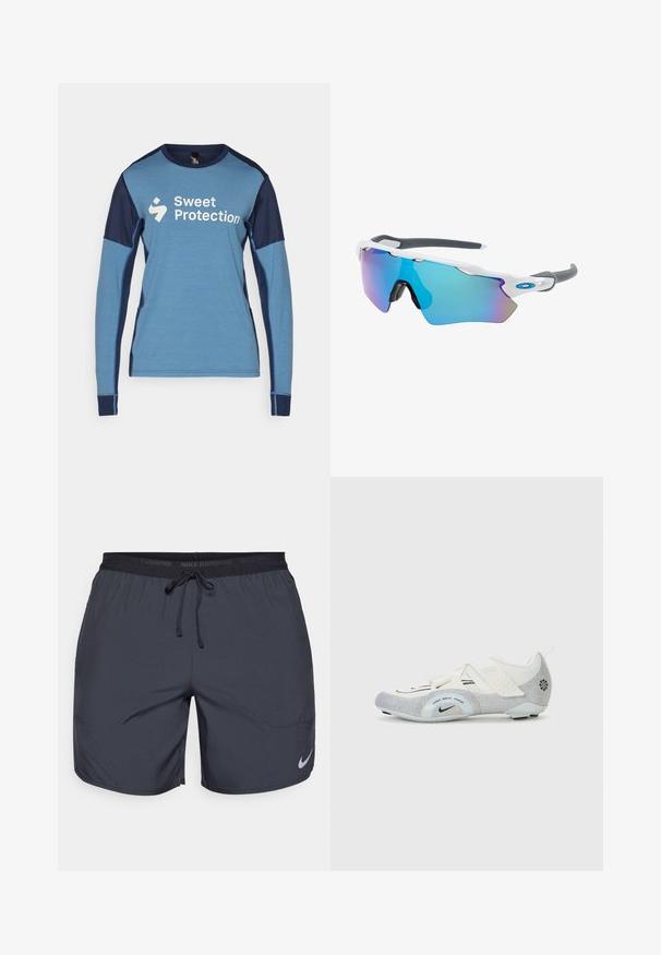 Μπλε πουκάμισο με μακριά μανίκια και ναυτικές λεπτομέρειες. Διαθέτει στρογγυλή λαιμόκοψη και λογότυπο "Sweet Protection" σε λευκό μπροστά. Λείος υφή.; Σορτς τρεξίματος Nike σε σκούρο γκρι, με ελαστική μέση και κορδόνι, καθώς και ασημένιο λογότυπο στη κάτω δεξιά πλευρά του ποδιού.; Λευκά και ασημί ποδηλατικά παπούτσια με πλέγμα στην επάνω πλευρά, υφασμάτινες λεπτομέρειες, ρυθμιζόμενες ταινίες και καουτσούκ σόλα για πρόσφυση και σταθερότητα.; Γυαλιά ηλίου με λευκό σκελετό, γκρι λεπτομέρειες και μπλε καθρέφτες φακούς. Αθλητικός σχεδιασμός, περιμετρικό σχήμα και ρυθμιζόμενα μαξιλαράκια μύτης.