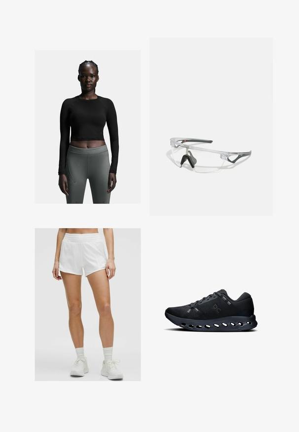 Melnā garā piedurkne crop top kopā ar pieguļošām tumši pelēkām legingām. Topam ir vienkāršs dizains; legingām ir sānu šuves un gluda tekstūra.; Baltie sporta šorti ar gludu tekstūru, elastīgu jostasvietu un sānu kabatām, apvienoti ar baltām sporta apaviem un potīšu zeķēm.; Melnas sporta apavi ar elpojošu sietu virsu, mīkstinātu apkaklīti un polsterētu zolīti, kurai ir izgriezumi elastībai.; Skidras aizsargbrilles ar vieglu, caurspīdīgu rāmi un pelēkiem akcentiem. Iespējas ietver apvērsto dizainu un regulējamu deguna atbalstu.