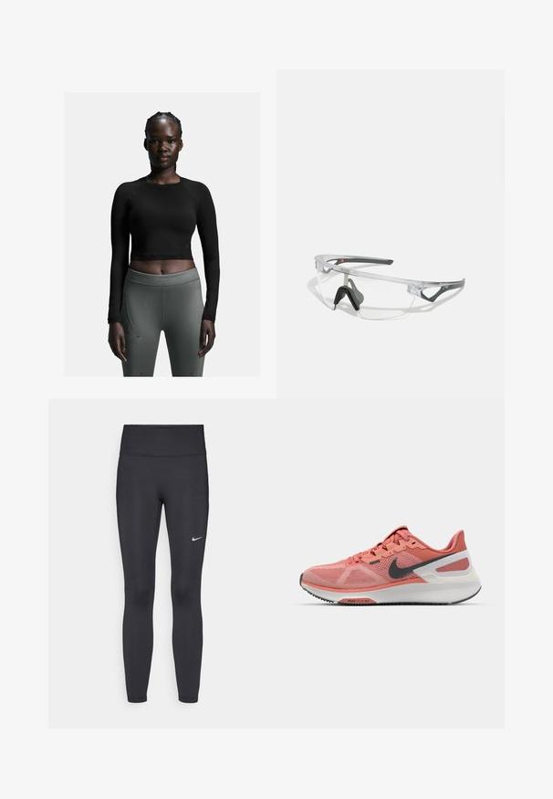 Schwarzes, langärmliges Crop-Top, kombiniert mit taillierten, dunkelgrauen Leggings. Das Top hat ein schlichtes Design; die Leggings besitzen Seitennaht und eine glatte Textur.; Schwarze Leggings aus elastischem Stoff, mit einem hohen Bund und einem weißen Nike-Logo auf dem linken Oberschenkel. Glatte Textur, figurbetontes Design.; Nike-Laufschuh aus hellpinkem Mesh mit grauen Akzenten, runder Zehenpartie, gepolstertem weißen Zwischensohle und schwarzem Gummiauslauf.; Klare Schutzbrille mit einem leichten, transparenten Rahmen und grauen Akzenten. Verfügt über ein umschließendes Design und ein verstellbares Nasenstück.